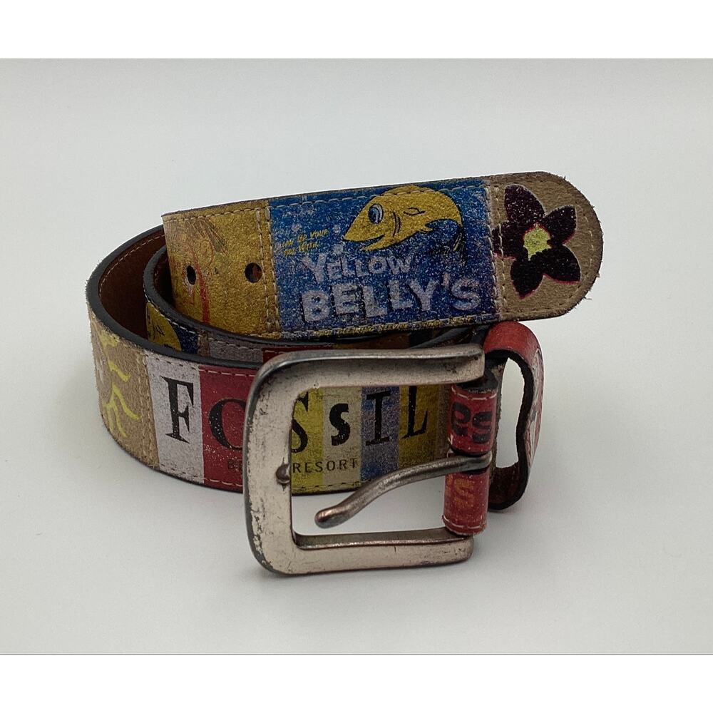 Vintage Fossil Graphic Leather Belt Beach Novelty Pin Up Waves and Babes sz M - Picture 2 of 7